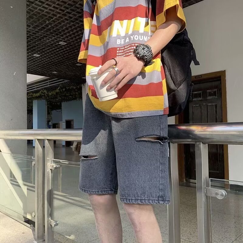 Rapped Denim Shorts Men's Five-point Pants Loose Fashionable Summer Thin Casual Trendy Brand Ins Rapped Five-point Pants