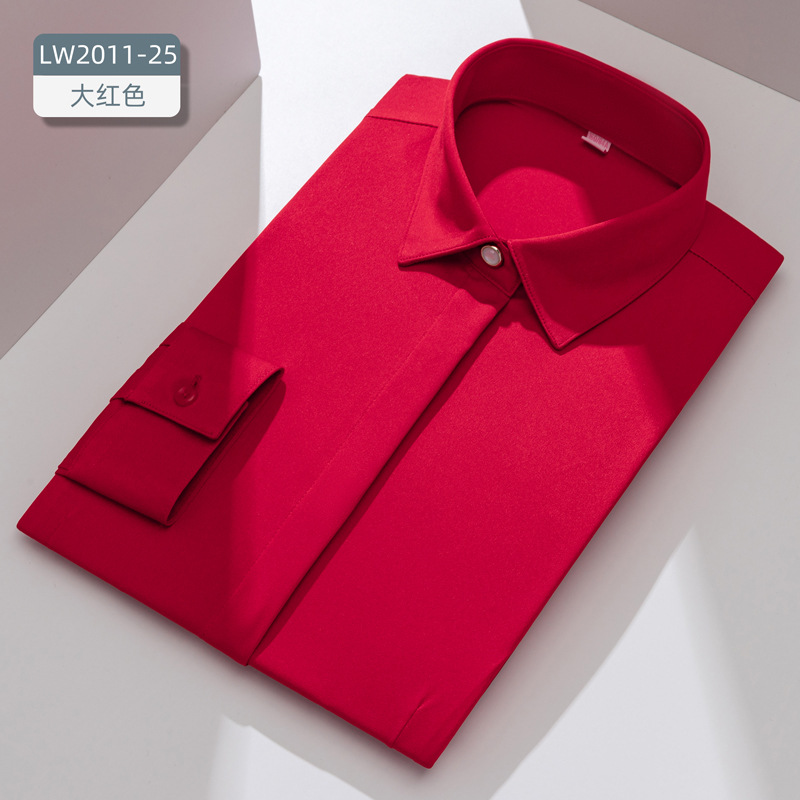 Camisa de negocios de manga larga, color liso, elástica, corte ajustado, ropa de trabajo blanca, ropa formal, ropa profesional, camisa elegante de fibra de bambú para mujer. image 11