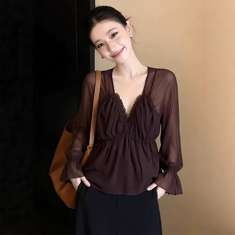 2026 Spring New Style Mature and Elegant Coffee Color V-Neck Flared Sleeve Chiffon Shirt for Women with Ruffled Edges