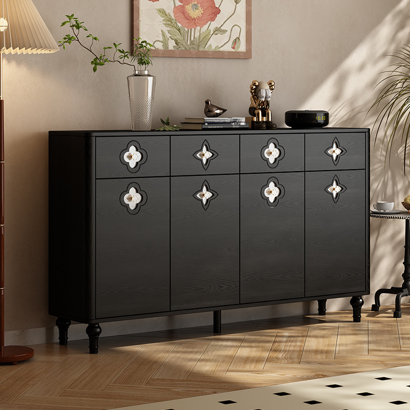 French Retro Shoe Cabinet Black Solid Wood Home Entrance 2025 New Entry Storage Cabinet Wall-Mounted Integrated Entrance Cabinet