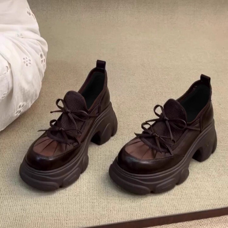 Soft Leather Version~Lightweight Thick-Soled Height-Increasing Round-Toe Chunky Heel Loafers for Women, Sweet and Cool Style Slip-On Casual Sports Shoes