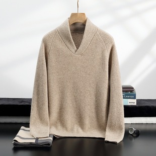 2025 Spring New Men's Cashmere Men's Loose Green Collar Solid Color Draw Pullover Sweater Sweater