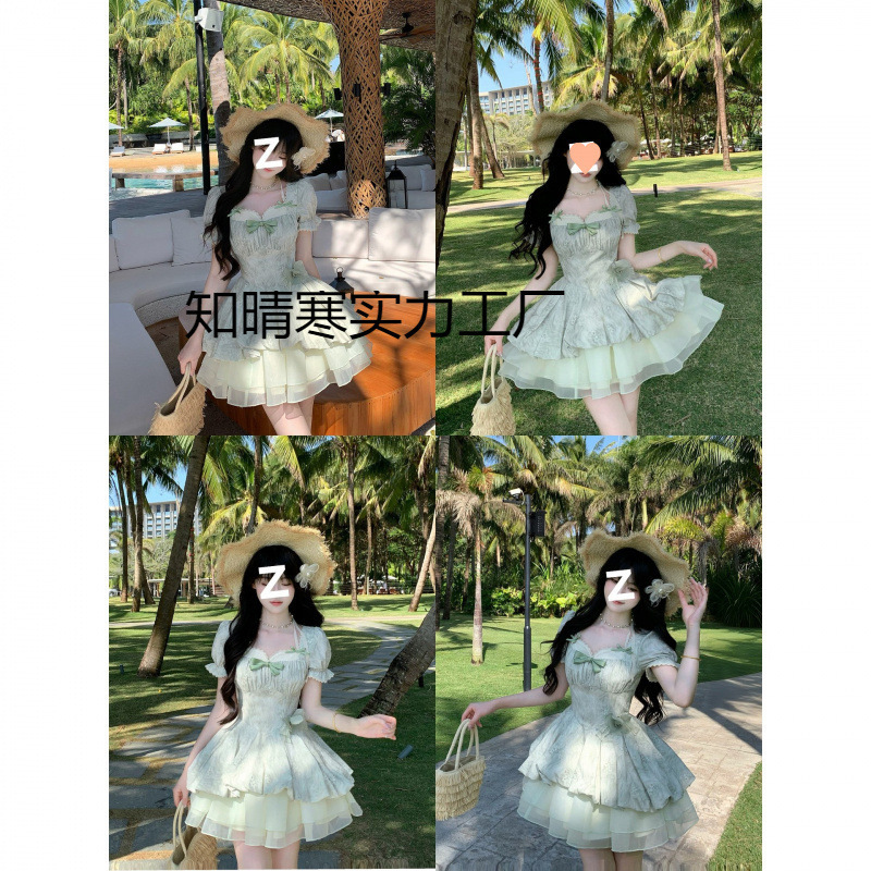 Lime Ice Coconut Fresh Lace Puff Sleeve Jacquard Waist-Cinching Princess-Style Puffy Lace Tie-Dye Dress
