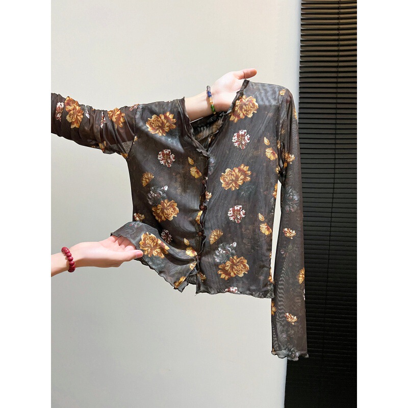 Hong Kong-style retro floral print mesh long-sleeve cardigan T-shirt for women, autumn V-neck ruffled trim slimming base layer top