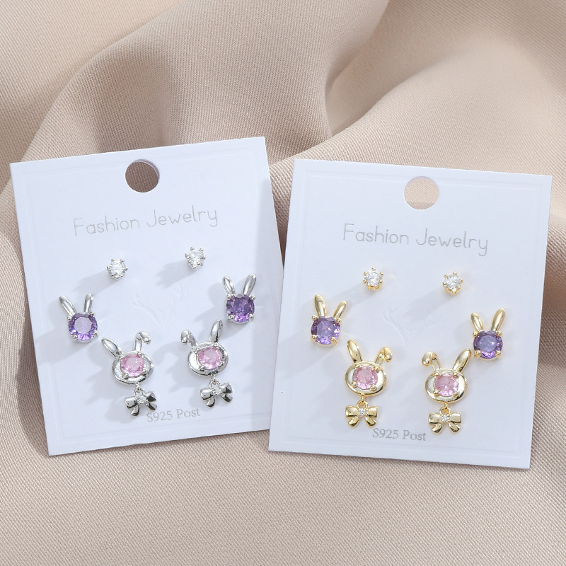 3 Pairs Cute Rabbit Copper Inlay Zircon Ear Studs display picture 1