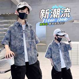 网红薄款中大童韩版印花衬衫夏季个性短袖街舞帅气百搭嘻哈