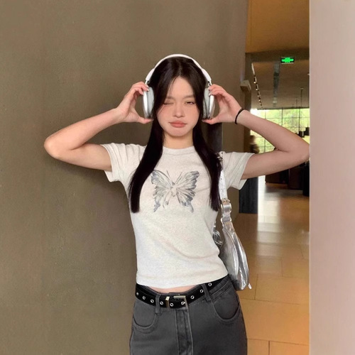 Butterfly Print Regular Shoulder Short Sleeve T-Shirt for Women 2025 Summer Fitting Slimming Short Length Round Neck Top for Women