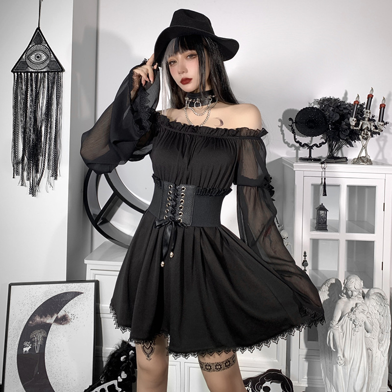 Gothic Style Puff Sleeve Lace One-Word Neck A-Line Dress NSGYB99503