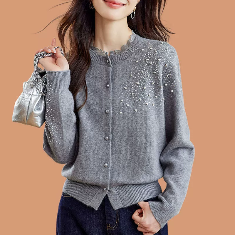 Женский кардиган-свитер, весна 2025, новая модель, с кружевным воротником, короткий вязаный кардиган с бисером для женщин