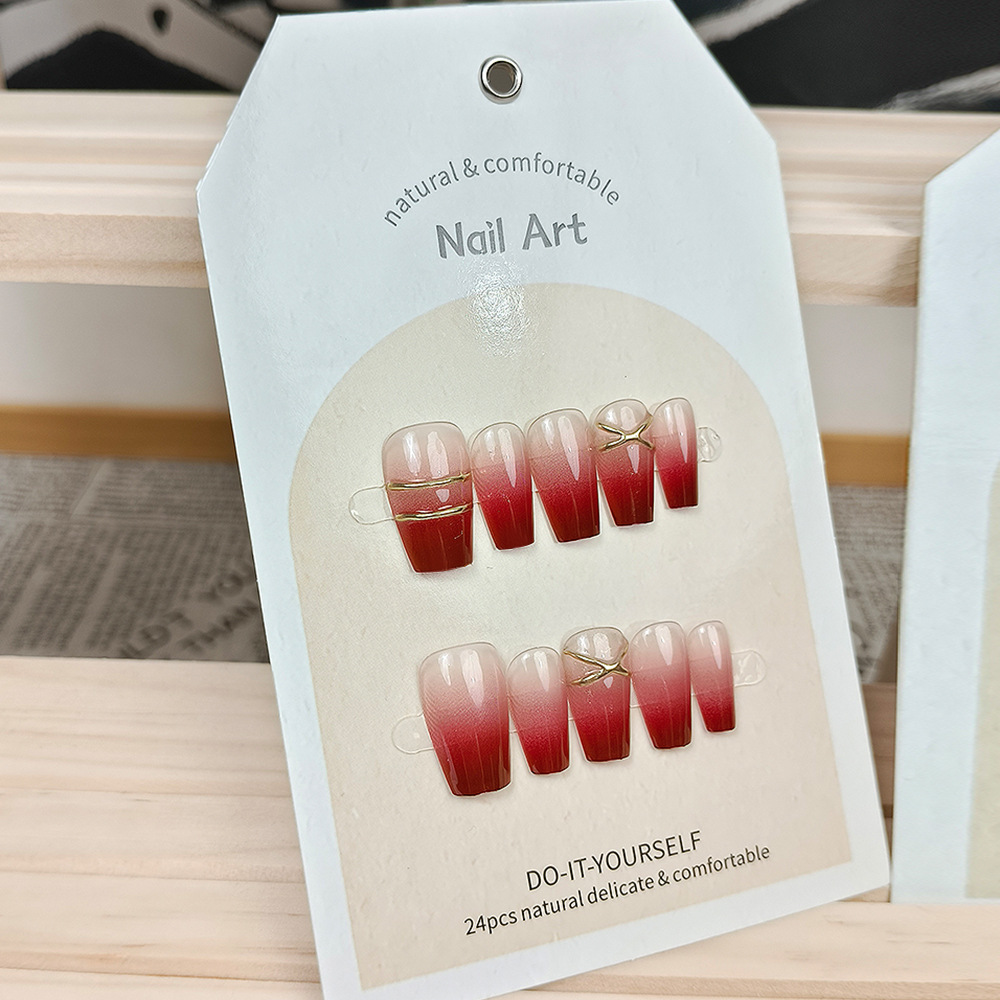 Uñas postizas tridimensionales hechas a mano con fototerapia para decoración de uñas, piezas de decoración de uñas con degradado borgoña y efecto difuminado, pegatinas para uñas que realzan el blanco puro, 24 piezas