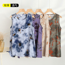 凉感绵绸背心女夏季薄款圆领无袖上衣大码宽松人造棉妈妈装打底衫