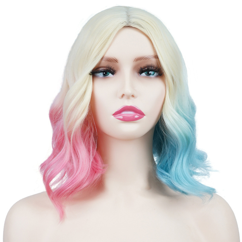 Perruque synthétique en fibre de cosplay pour Halloween, cheveux courts et bouclés colorés, ensemble de tête complète_voghion.com