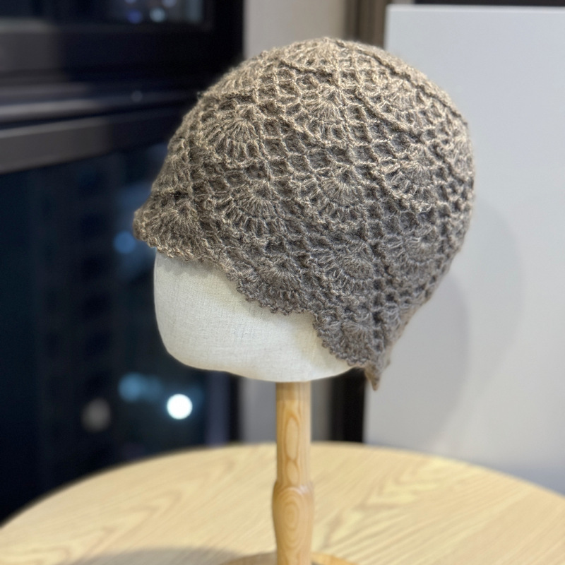新款双层手工钩花套头帽子女秋冬韩版百搭保暖针织毛线帽包头帽潮|undefined