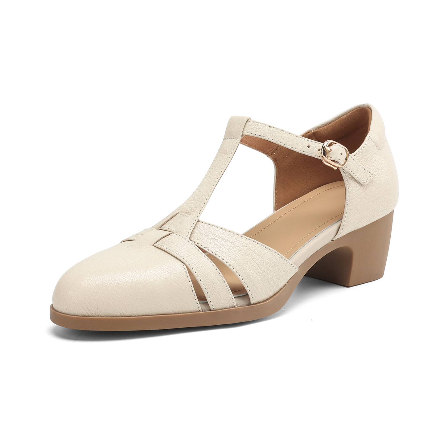Sandal nữ gót vuông quai ngang phong cách La Mã, đế rỗng, dệt chéo khóa T — đen