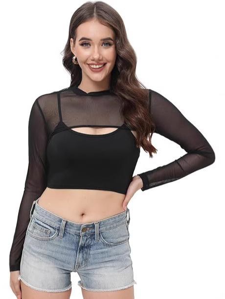 Women's Mesh Crop Top Long Sleeve High-Neck Transparent Short Top Slim Fit See-Through Sexy T-Shirt Clubwear