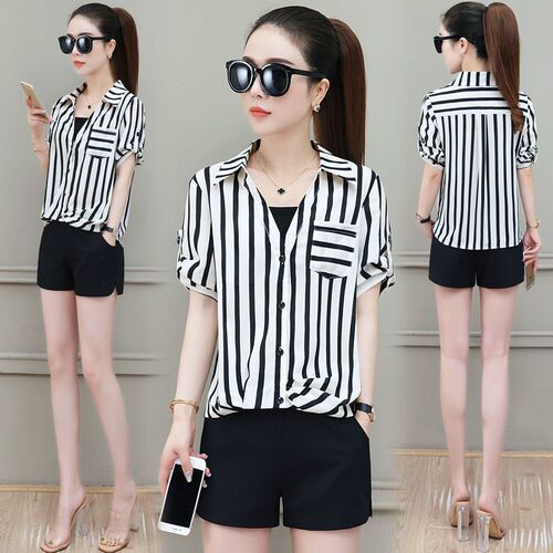Striped chiffon blouse summer 2024 new fashion western temperament false two-piece top this year's popular age-reducing top trendy