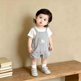 儿童套装夏装男女宝宝薄款短袖上衣摇摇马背带裤婴幼儿分体两件套
