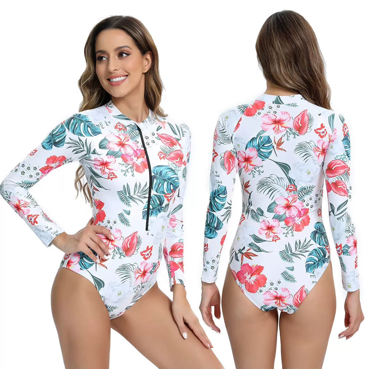 连体紧身拉链运动泳衣女长袖冲浪防晒服三角亚马逊训练高腰运动款