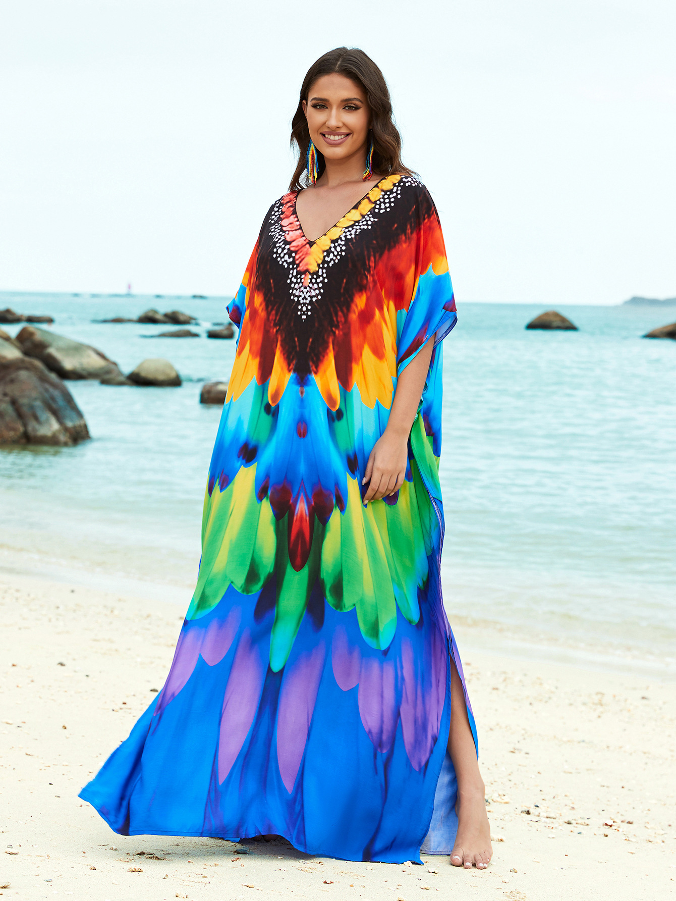 Rochie de plajă lungă kimono dama boho viscoză tie-dye_voghion.com
