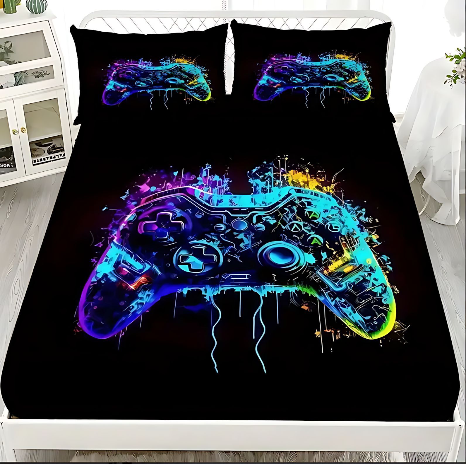 TEMU / JIT transfronterizo oscuro cool gamepad HD digital impresión cama camisa colchón kit de ropa de cama