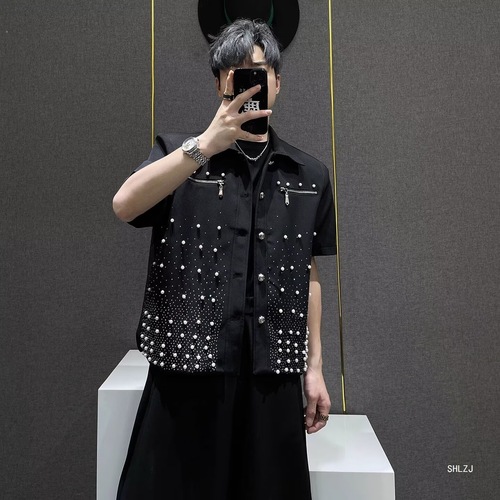 Men's High-End Embroidered Crystal Short Blazer with Padded Shoulder - Trendy and Unique Fall  Outerwear