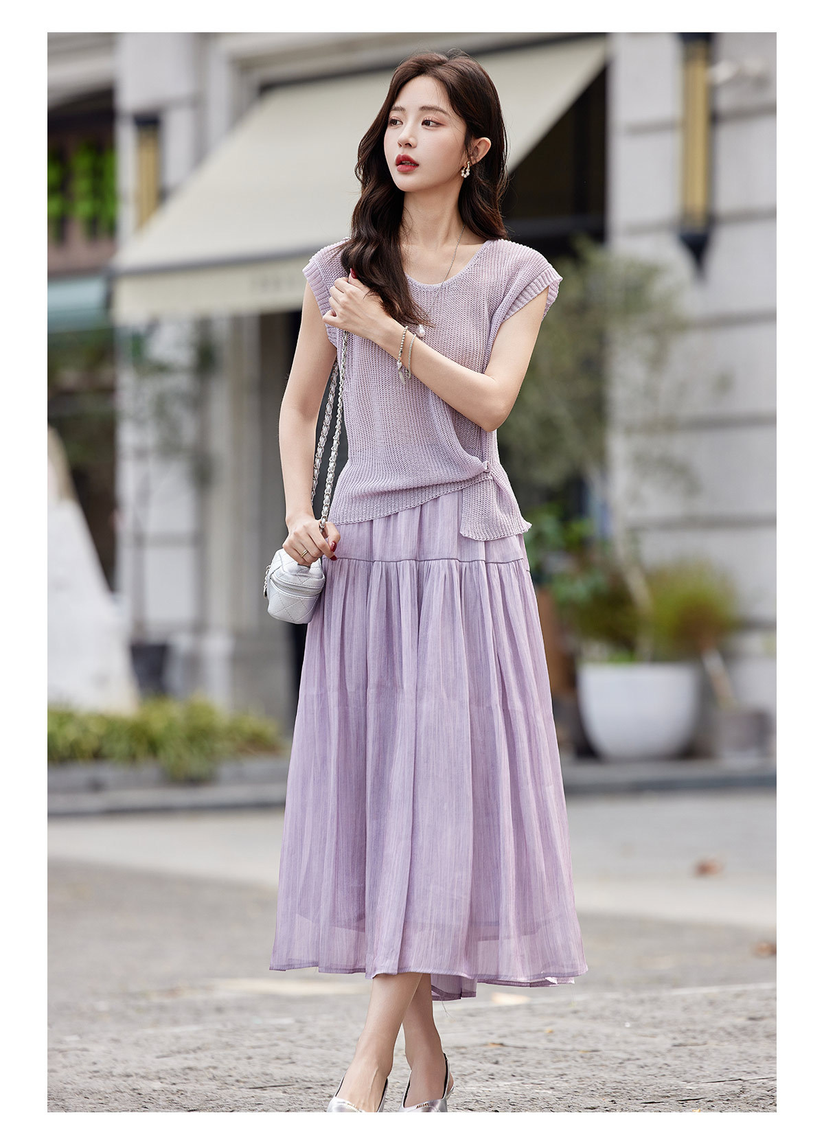 Áo thun cổ tròn tay ngắn phối chân váy midi hai dây đồng bộ nữ — màu tím, màu xám chi tiết 15