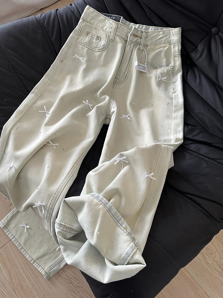Three Dimensional Bow Design With Hot Diamonds, High Waist And Slim Light Blue Jeans, Washed Straight And Casual Mopping Trousers_ecoleips.com