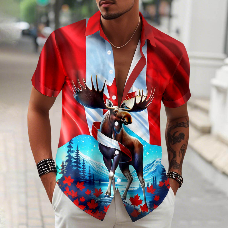 Foreign Trade Amazon Hot Selling Men's 3D Digital Printing Canadian National Day Short-Sleeved Shirt with Flap Pocket Pantss