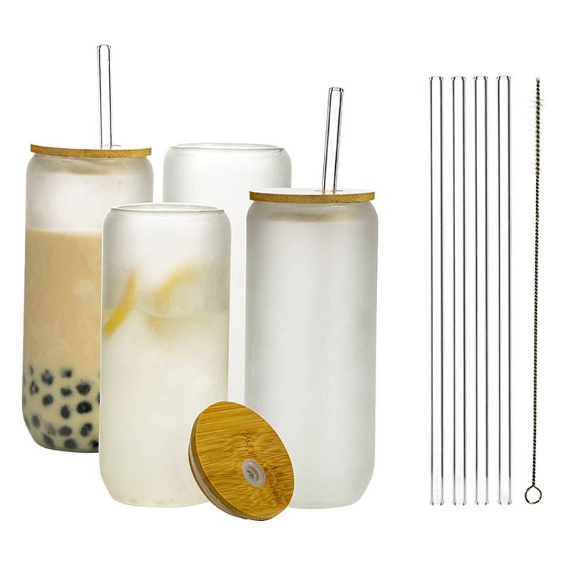 Venta al por mayor de borosilicato resistente a altas temperaturas juego de taza de agua 16oz lata con tapa de paja bebida fría vidrio taza de cola transfronteriza