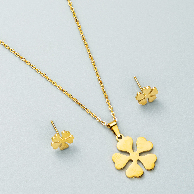 Fashion titanium steel geometric heartshaped flower pendant necklace earrings setpicture4