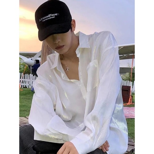 Ice Silk Cool & Handsome Shirt for Men: Lazy Style, Instagram-Worthy Drape Effect, Slimming Summer Look—Lightweight White Long-Sleeve Design with a Relaxed Fit
