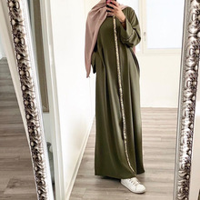 现货马来印尼跨境穆斯林女装长袍拼接镶边亮片连衣裙Muslim abaya