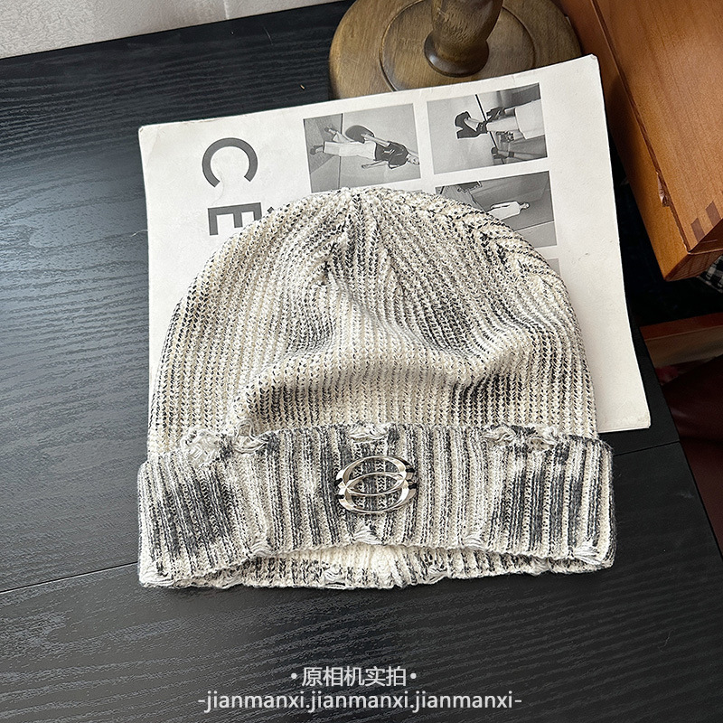 个性做旧脏脏破洞针织帽秋冬翻边套头帽保暖洋气字母标百搭毛线帽|undefined
