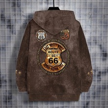 跨境复古做旧连帽拉链夹克男款印花外套宽松街头潮牌