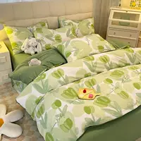 Ins style маленький свежий зеленый класс А, стираный хлопок и лен, комплект из четырех предметов, двухслойное марлевое пододеяльник, студенческое общежитие, простыни, комплект из трех предметов