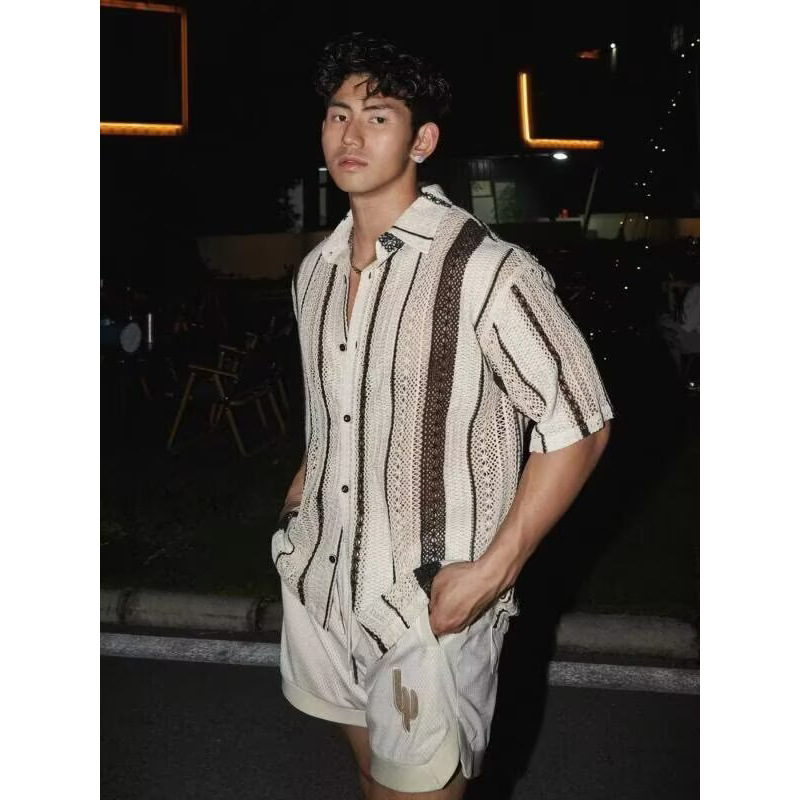POLO camisa solapa suéter de manga corta cardigan de hombre rayas huecas chaqueta retro camiseta comercio exterior al por mayor transfronterizo de moda