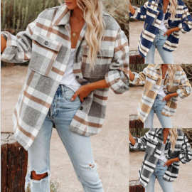 2021亚马逊秋冬欧美女装爆款秋冬长袖宽松格子衬衣毛呢外套女