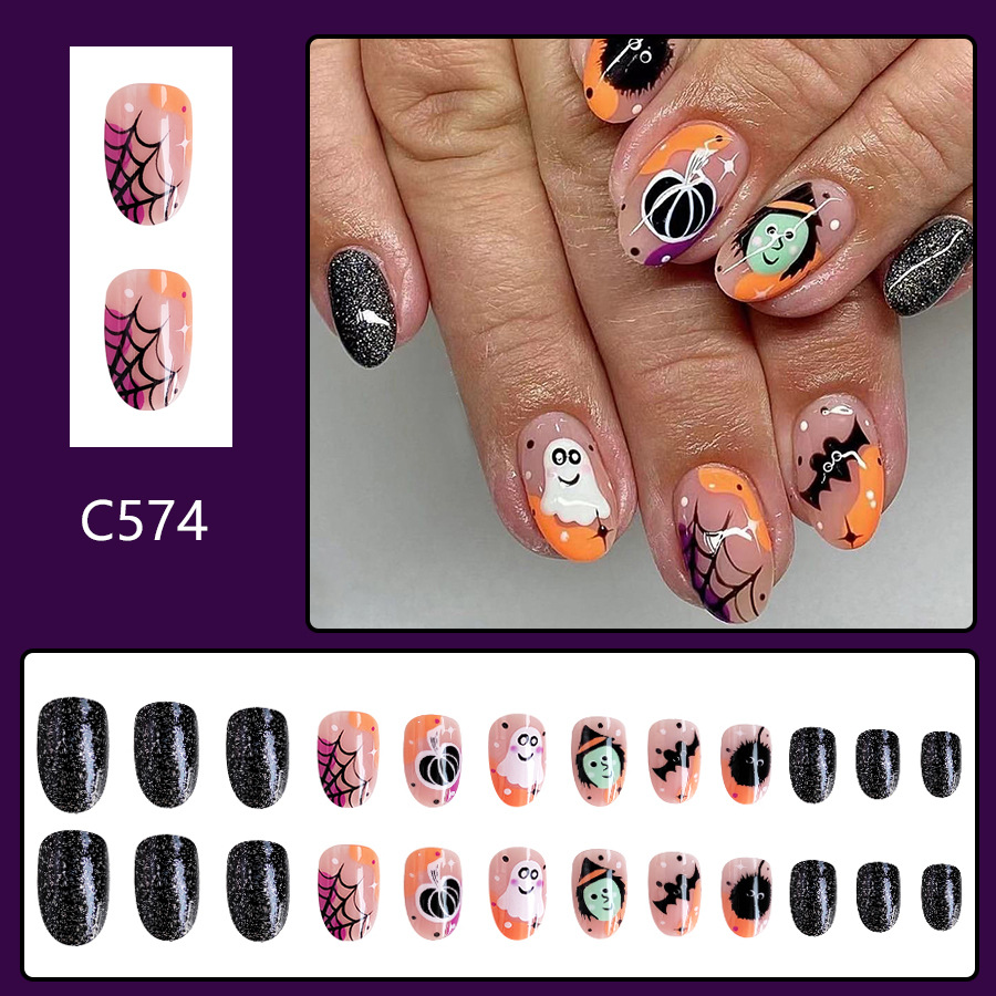 Short bright face Europe and the United States cross-border foreign trade Halloween multicolor spider web ghost pumpkin detachable wearable nail art 2_voghion.com