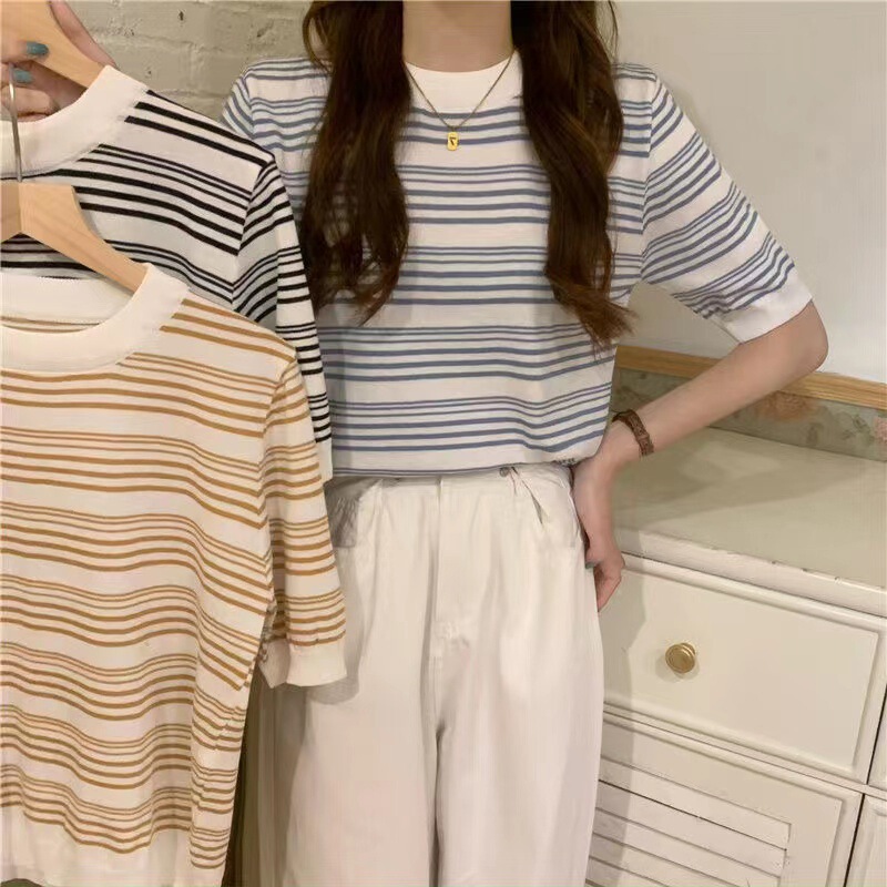 Summer New T-shirt Round Neck Pullover Short-sleeved Sweater Women's Striped Slimming Loose Sweet Inner Top Women's Trendy