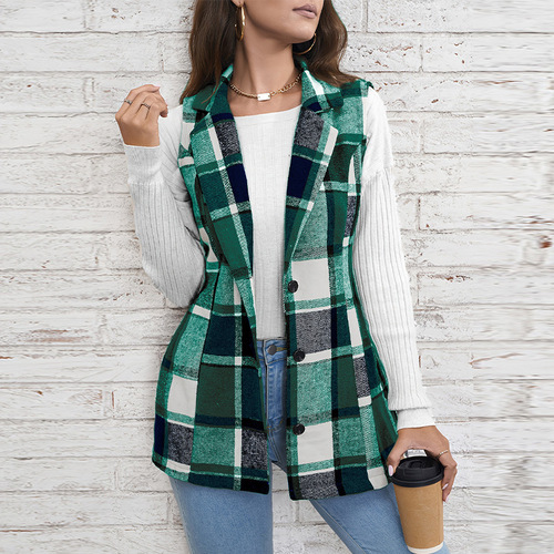 Cross-border foreign trade women's jacket European and American plaid vest 2025 spring elegant style versatile sleeveless single-breasted cardigan