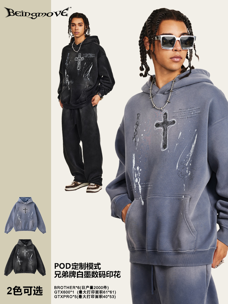 2025 otoño estilo de moda americano pulverización de caballo de agua blanca lavado pan hacer vieja camiseta encapuchada suelta caer manga encapuchada suéter hombre
