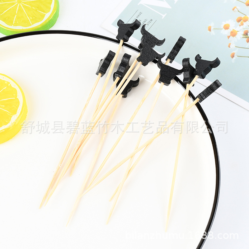 Jugador creativo de bambú negro de vaca horquilla de fruta decoración horquilla de fruta bandeja de bambú desechable suministro de fábrica de moda de etiqueta de vino