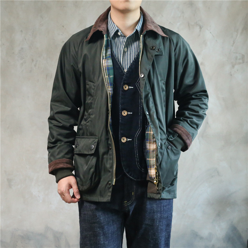 Vintage Waterproof Oil-Waxed Hunting Jacket for Men, American-Style Corduroy Lapel Workwear Parka Men's Coat