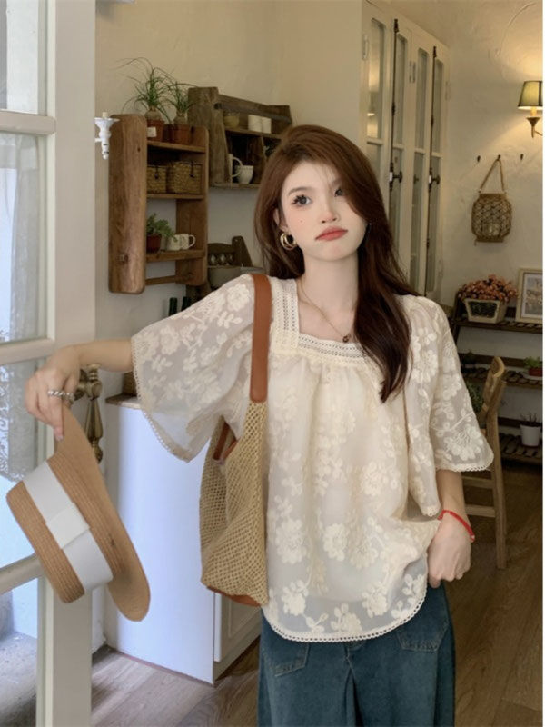 Plus-Size 150kg Square-Neck Heavy Embroidery Elegant Shirt for Women, Summer Loose Lace Blouse Ins