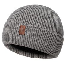跨境新款针织帽冬季纯色条纹缝标加绒防寒保暖翻边套头毛线帽