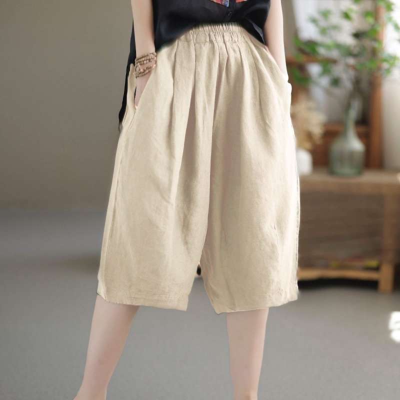 Cotton and Linen Artistic Wide-Leg Shorts for Women, Summer Thin Style, Semi-Elastic High Waist, Loose Fit, Slimming Casual Five-Point Pants Cotton and Linen Artistic Wide-Leg Shorts for Women, Summer Thin Style, Semi-Elastic High Waist, Loose Fit, Slimming Casual Five-Point Pants