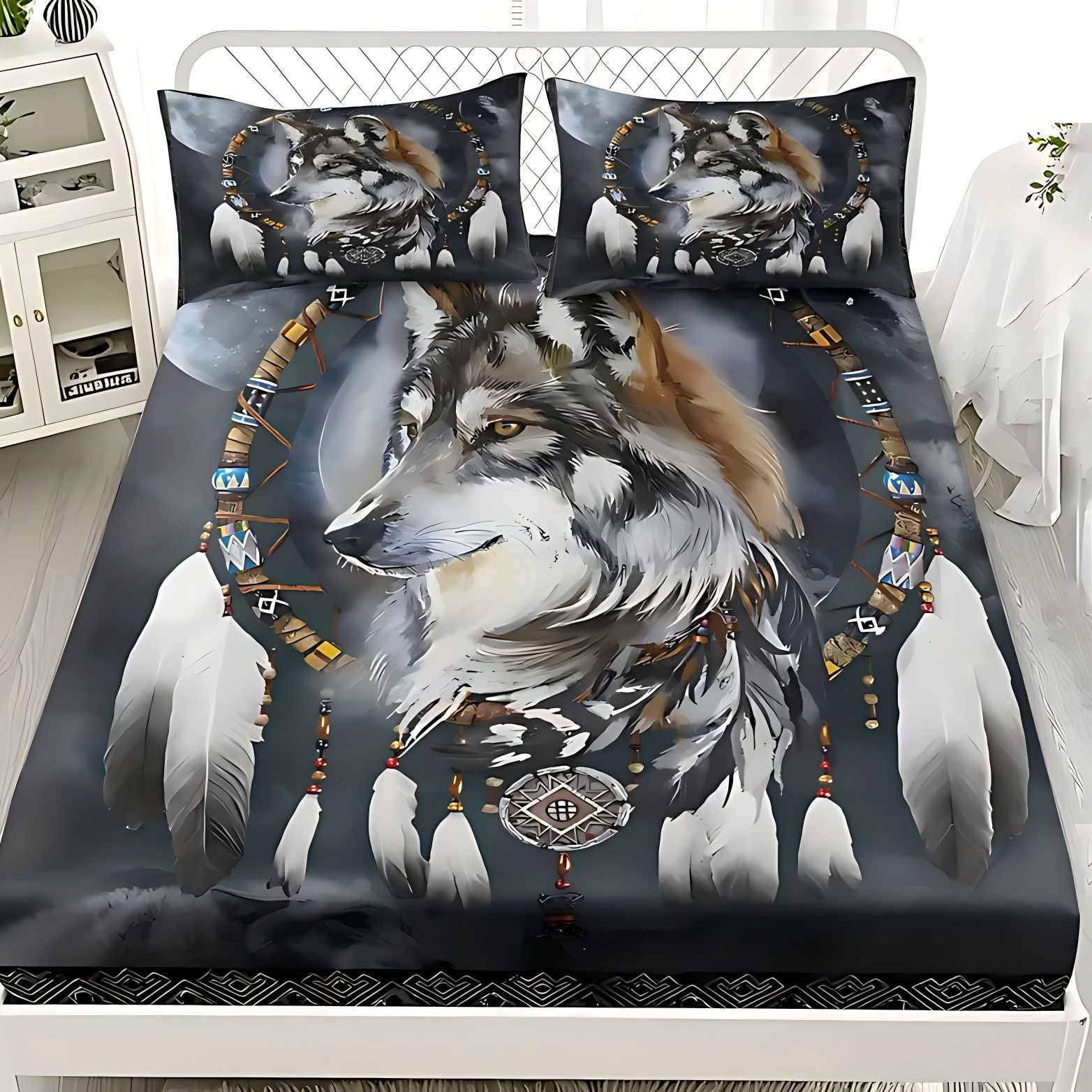 TEMU / JIT Transfronterizo Wolf Dreamcatcher Cama 3D impresión digital camisa colchón kit de ropa de cama se puede diseñar