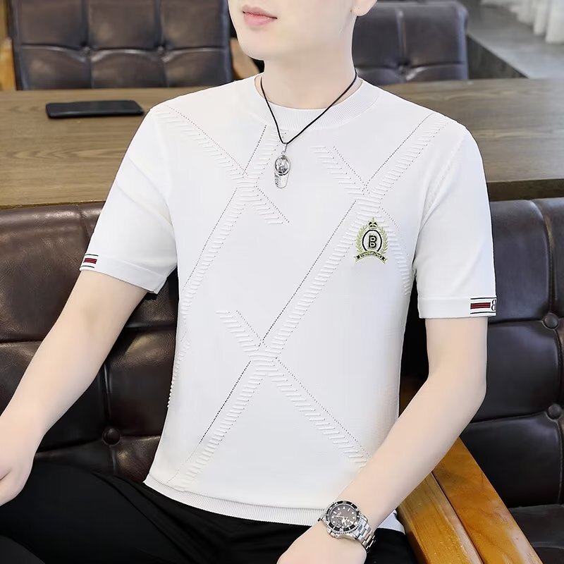 夏の男性の薄い半袖のtシャツの潮のブランドの新しい刺繍のニットの半袖の丸首の夏服の高級な男性のtシャツの上着|undefined