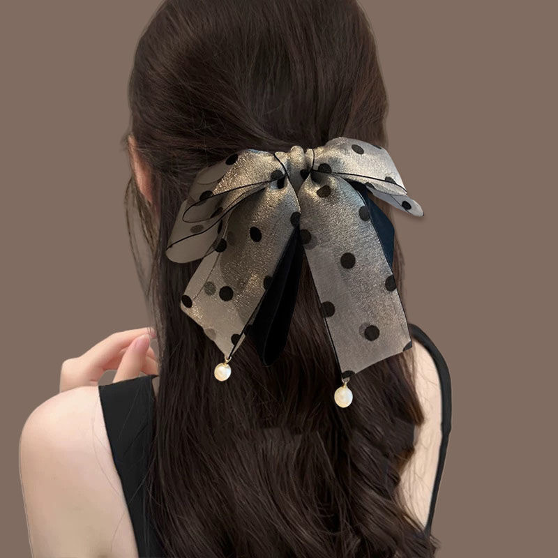 Korean Style Satin Snow Gauze Polka Dot Bow Clip Retro Pearl Pendant Elegant Shark Clip Hair Accessory for Women on the Back of the Head