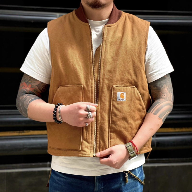 Car Cardigan V01 Heavy-Duty Washed Thick Quilted Cotton Vest with Diamond Pattern, Casual Simple Vintage Workwear, Thickened